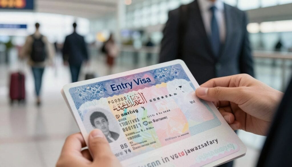 A close-up of a beautifully designed "تأشيرة الوصول" (entry visa) document, featuring intricate patterns and elegant Arabic calligraphy. The foreground shows the visa with a soft focus, highlighting the details such as visa number, date of issue, and emblems. In the middle, a pair of professional hands, dressed in smart business attire, holds the visa while examining it under natural light. The background features a blurred airport terminal with travelers and luggage, evoking a sense of global movement and excitement. The overall atmosphere is one of opportunity and ease, capturing the essence of stress-free travel. Include the brand name "jawazsafary" subtly integrated into the design elements of the visa. A close-up of a beautifully designed "تأشيرة الوصول" (entry visa) document, featuring intricate patterns and elegant Arabic calligraphy. The foreground shows the visa with a soft focus, highlighting the details such as visa number, date of issue, and emblems. In the middle, a pair of professional hands, dressed in smart business attire, holds the visa while examining it under natural light. The background features a blurred airport terminal with travelers and luggage, evoking a sense of global movement and excitement. The overall atmosphere is one of opportunity and ease, capturing the essence of stress-free travel. Include the brand name "jawazsafary" subtly integrated into the design elements of the visa.