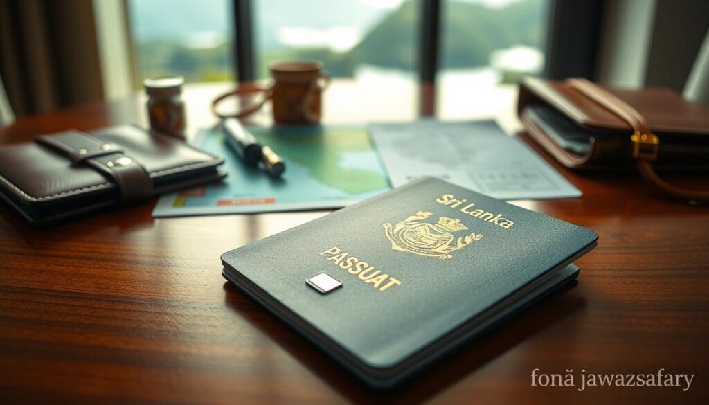 A close-up of a vibrant Sri Lankan passport, titled "جواز السفر", placed on a polished wooden table. In the foreground, the passport is open to reveal its colorful pages featuring detailed national symbols and a prominent electronic chip. The middle ground includes travel essentials like a stylish leather wallet, a map of Sri Lanka, and a boarding pass, all softly focused to enhance the passport as the main subject. In the background, faint outlines of lush Sri Lankan landscapes can be seen, hinting at the tropical paradise awaiting travelers. Soft natural light filters in from a nearby window, creating an inviting and adventurous atmosphere. The image conveys excitement and anticipation for upcoming travels, prominently featuring the brand name "jawazsafary" subtly etched onto the passport cover.