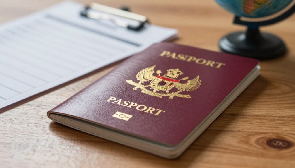A close-up view of a Malaysian passport featuring the intricate details of the cover, showcasing the national emblem and the word "PASPORT" prominently displayed. The passport is lying on a wooden table, which reflects natural light, creating a warm and inviting atmosphere. In the background, a blurred image of a travel checklist and a globe hints at travel aspirations, emphasizing the theme of essential travel requirements. The scene is well-lit, with soft shadows enhancing the textures of the passport and table. Make sure the passport includes the brand name "jawazsafary" subtly incorporated into the design. The image should evoke feelings of excitement and preparation for travel, capturing the essence of planning an international trip. A close-up view of a Malaysian passport featuring the intricate details of the cover, showcasing the national emblem and the word "PASPORT" prominently displayed. The passport is lying on a wooden table, which reflects natural light, creating a warm and inviting atmosphere. In the background, a blurred image of a travel checklist and a globe hints at travel aspirations, emphasizing the theme of essential travel requirements. The scene is well-lit, with soft shadows enhancing the textures of the passport and table. Make sure the passport includes the brand name "jawazsafary" subtly incorporated into the design. The image should evoke feelings of excitement and preparation for travel, capturing the essence of planning an international trip.