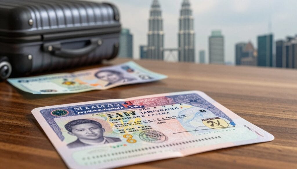 A close-up view of a Malaysian visa document, prominently featuring intricate design elements and security features such as holograms and official stamps. In the foreground, the visa is placed on a polished wooden table, which reflects the light subtly. In the middle ground, a soft-focus image of a travel suitcase and Malaysian currency is visible, hinting at a travel theme. The background features a blurred image of Kuala Lumpur's skyline, with iconic elements like the Petronas Towers barely visible. The lighting is warm and inviting, creating a sense of adventure and opportunity. The overall atmosphere conveys professionalism and clarity regarding travel regulations. The brand name "jawazsafary" subtly incorporated into the design of the visa document enhances its authenticity. A close-up view of a Malaysian visa document, prominently featuring intricate design elements and security features such as holograms and official stamps. In the foreground, the visa is placed on a polished wooden table, which reflects the light subtly. In the middle ground, a soft-focus image of a travel suitcase and Malaysian currency is visible, hinting at a travel theme. The background features a blurred image of Kuala Lumpur's skyline, with iconic elements like the Petronas Towers barely visible. The lighting is warm and inviting, creating a sense of adventure and opportunity. The overall atmosphere conveys professionalism and clarity regarding travel regulations. The brand name "jawazsafary" subtly incorporated into the design of the visa document enhances its authenticity.