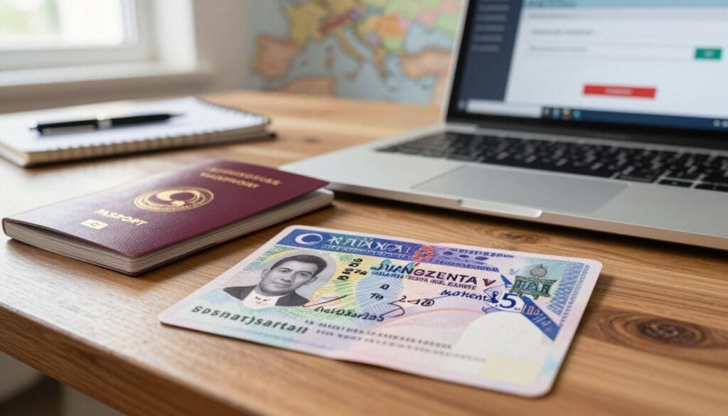 A close-up view of a Turkish visa (تأشيرة) prominently displayed on a polished wooden desk. The foreground features a sleek and modern Turkish passport lying next to the visa. In the middle ground, a subtle hint of a laptop is partially visible with a display of the online application process. The background includes blurred details of a map of Turkey and travel essentials like a pen and notebook, suggesting preparation for a trip. Soft, natural daylight filters in from a window, creating a warm and inviting atmosphere. The overall mood conveys excitement and professionalism, suitable for anyone planning their journey. Include the brand name "jawazsafary" subtly in the composition to enhance the image's relevance.