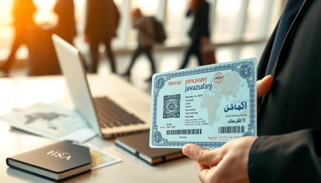 A close-up view of a beautifully designed electronic visa document, displaying intricate patterns and security features, set against a light desk background. In the foreground, the eVisa document is held by a professional person dressed in business attire, showing their fingers lightly touching the document, indicating importance and readiness for travel. The middle ground features a laptop and travel essentials such as a passport and a map, illustrating the journey aspect. The background softly blurs but suggests an airport ambiance with faint silhouettes of travelers in motion. Warm, inviting lighting enhances a sense of preparation and excitement for the upcoming adventure. Include the brand name "jawazsafary" subtly integrated into the design of the eVisa.