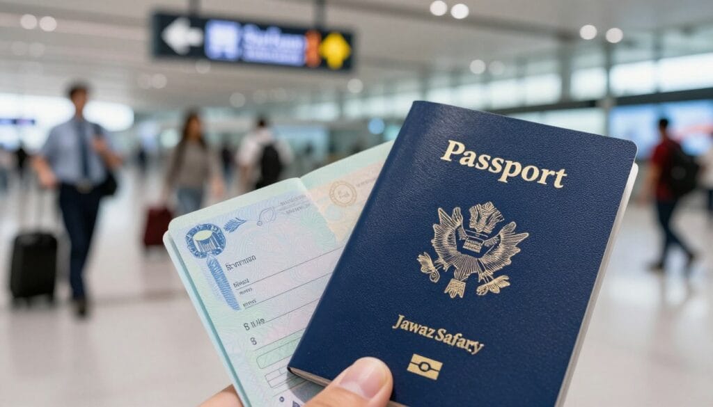 A close-up view of a freshly issued passport titled "جواز سفر" from the brand "jawazsafary." The passport's cover is a deep blue with embossed lettering, reflecting light softly to highlight its texture. In the foreground, the passport is opened to reveal a page with intricate designs ready for personal information, showcasing the importance of travel documents. The middle ground features blurred images of airport security protocols, with a subtle depiction of luggage and travelers in the distance, suggesting movement and urgency. The background hints at an airport terminal, with soft lights and modern architecture, creating a vibrant yet professional atmosphere. The overall mood is informative and hopeful, inviting readers to consider their travel plans. A close-up view of a freshly issued passport titled "جواز سفر" from the brand "jawazsafary." The passport's cover is a deep blue with embossed lettering, reflecting light softly to highlight its texture. In the foreground, the passport is opened to reveal a page with intricate designs ready for personal information, showcasing the importance of travel documents. The middle ground features blurred images of airport security protocols, with a subtle depiction of luggage and travelers in the distance, suggesting movement and urgency. The background hints at an airport terminal, with soft lights and modern architecture, creating a vibrant yet professional atmosphere. The overall mood is informative and hopeful, inviting readers to consider their travel plans.