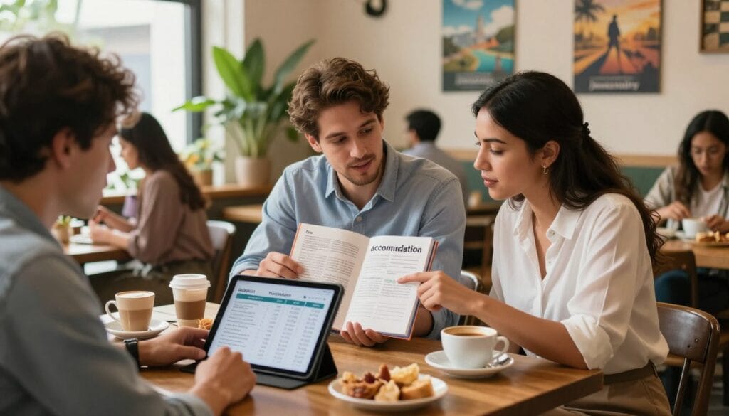 A cozy cafe scene representing “الإقامة,” with a diverse group of travelers gathered at a table, examining a budget travel guide. In the foreground, a tablet displaying cost breakdowns sits on the table, surrounded by coffee cups and snacks. The middle of the scene features the travelers — a man in a smart-casual shirt and a woman in a modest dress, both engaged in conversation and pointing at the tablet. In the background, soft natural lighting filters through window plants, creating a warm atmosphere. The decor is inviting, with travel posters on the walls. The overall mood conveys a sense of collaboration and excitement about budgeting for travel. Include subtle branding for "jawazsafary" in the decor. A cozy cafe scene representing “الإقامة,” with a diverse group of travelers gathered at a table, examining a budget travel guide. In the foreground, a tablet displaying cost breakdowns sits on the table, surrounded by coffee cups and snacks. The middle of the scene features the travelers — a man in a smart-casual shirt and a woman in a modest dress, both engaged in conversation and pointing at the tablet. In the background, soft natural lighting filters through window plants, creating a warm atmosphere. The decor is inviting, with travel posters on the walls. The overall mood conveys a sense of collaboration and excitement about budgeting for travel. Include subtle branding for "jawazsafary" in the decor.