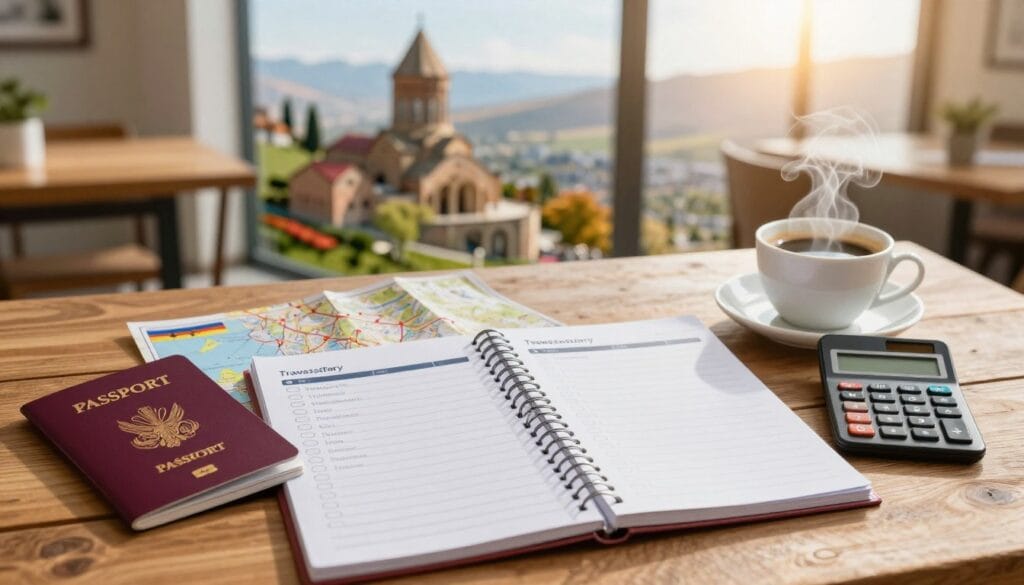 A cozy travel scene depicting money-saving tips for travelers, focusing on a well-organized travel checklist laid out on a wooden table. In the foreground, a neatly arranged assortment of travel essentials includes a passport, a map of Armenia, a small calculator, and a budget planner notebook, all set against the backdrop of a steaming cup of coffee. The middle layer shows a blurred image of a vibrant Armenian landscape with historical architecture, hinting at cultural experiences. The background features warm sunlight filtering through large windows, creating a bright and inviting atmosphere. The mood should be inspiring and practical, encouraging budget-conscious travel. Include subtle branding elements of "jawazsafary" within the scene to enhance the travel theme.