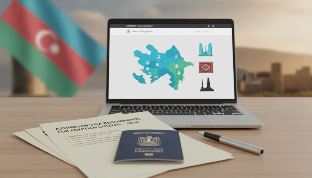 A detailed and informative flat lay composition that showcases the requirements for an Azerbaijan visa specifically for Egyptian citizens in 2026. In the foreground, display a passport, a pen, and printed documents outlining visa conditions, arranged aesthetically. In the middle, include a laptop screen displaying the jawazsafary website with a map of Azerbaijan and iconic symbols like the Flame Towers. The background should feature blurred images of the Azerbaijani flag and popular landmarks, softly lit to create a warm and inviting atmosphere. Use natural, ambient lighting to enhance clarity and focus on the documents, ensuring a professional and organized appearance. The overall mood should reflect a sense of anticipation and eagerness toward travel, inviting readers to consider their next adventure in Azerbaijan.