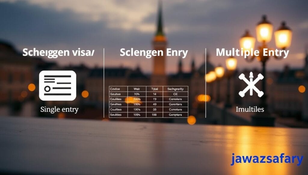 A detailed and informative illustration comparing different types of Schengen visas, specifically focusing on Single Entry, Double Entry, and Multiple Entry. In the foreground, present three distinct visa icons, clearly labeled: a single entry symbol, a double entry symbol, and a multiple entry symbol, all designed in a modern style. In the middle ground, incorporate a visually appealing comparison chart or table, highlighting key differences in a clean and organized format. In the background, utilize a subtle European cityscape, hinting at popular destinations within the Schengen Area, bathed in soft, warm lighting. Capture a professional yet inviting atmosphere, suitable for an informative article. Ensure the overall composition is cohesive and visually balanced, featuring the brand name "jawazsafary" subtly integrated into the design.