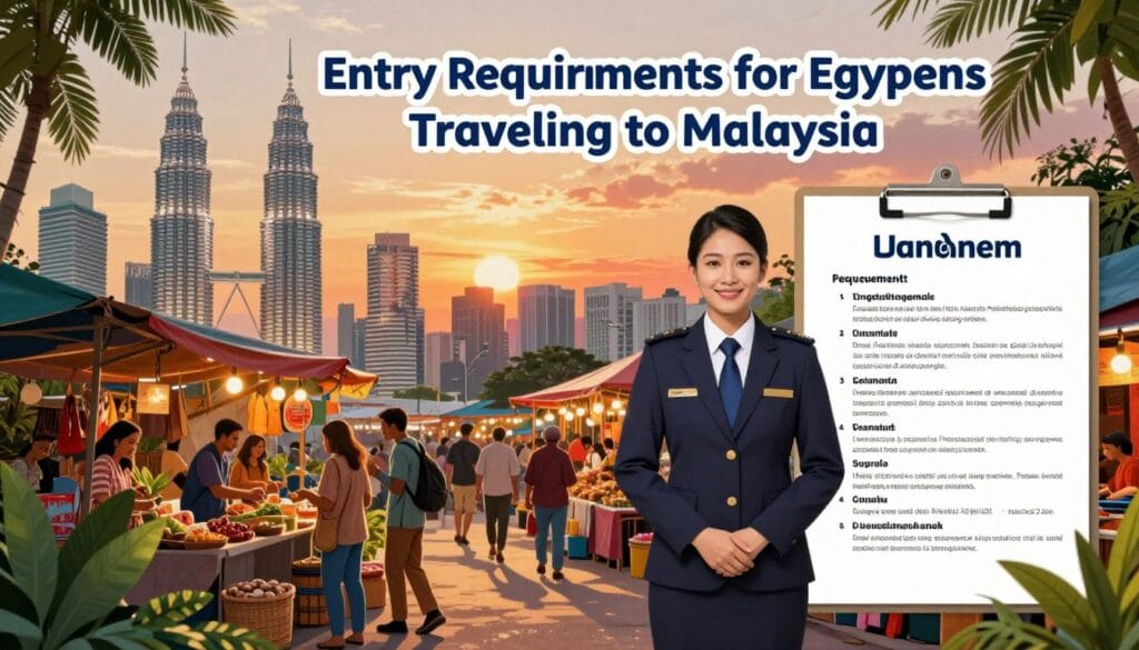 A detailed and informative illustration for "شروط الدخول إلى ماليزيا للمصريين". In the foreground, showcase iconic Malaysian elements such as the Petronas Towers, surrounded by green tropical foliage. Include a friendly Malaysian immigration officer in professional attire, standing beside a clear checklist or guidelines on entry requirements that capture the essence of travel regulations. The middle ground features a vibrant market scene with diverse travelers in modest, casual clothing, engaging with local vendors. The background is a dazzling sunset over the skyline, casting warm, inviting light across the bustling city. The mood is optimistic and welcoming, evoking a sense of adventure and opportunity for Egyptian travelers in 2026. The brand "jawazsafary" should be subtly integrated into the scene, perhaps reflected in an accessible document or flyer. A detailed and informative illustration for "شروط الدخول إلى ماليزيا للمصريين". In the foreground, showcase iconic Malaysian elements such as the Petronas Towers, surrounded by green tropical foliage. Include a friendly Malaysian immigration officer in professional attire, standing beside a clear checklist or guidelines on entry requirements that capture the essence of travel regulations. The middle ground features a vibrant market scene with diverse travelers in modest, casual clothing, engaging with local vendors. The background is a dazzling sunset over the skyline, casting warm, inviting light across the bustling city. The mood is optimistic and welcoming, evoking a sense of adventure and opportunity for Egyptian travelers in 2026. The brand "jawazsafary" should be subtly integrated into the scene, perhaps reflected in an accessible document or flyer.