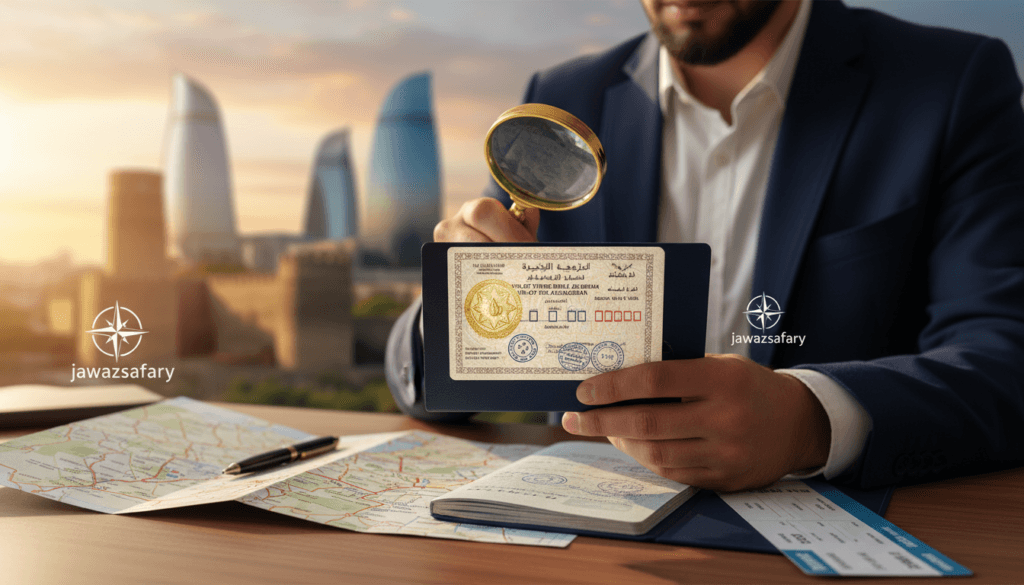 A detailed and informative visual representation of the "مدة تأشيرة أذربيجان", featuring a close-up of a valid Azerbaijani visa document. In the foreground, the visa should be prominently displayed with intricate security features, holograms, and stamps. The middle layer should depict a person in professional attire, attentively analyzing the visa, surrounded by travel items such as a passport, a map of Azerbaijan, and an airplane ticket. In the background, softly blurred, a scenic image of Azerbaijan’s iconic landmarks, like the Flame Towers or the Old City, should be subtly visible to convey the destination. The lighting should be warm and inviting, creating an atmosphere of hope and adventure. Include the brand name "jawazsafary" subtly integrated into the design elements, ensuring the overall composition is clean and devoid of any text overlays or watermarks.