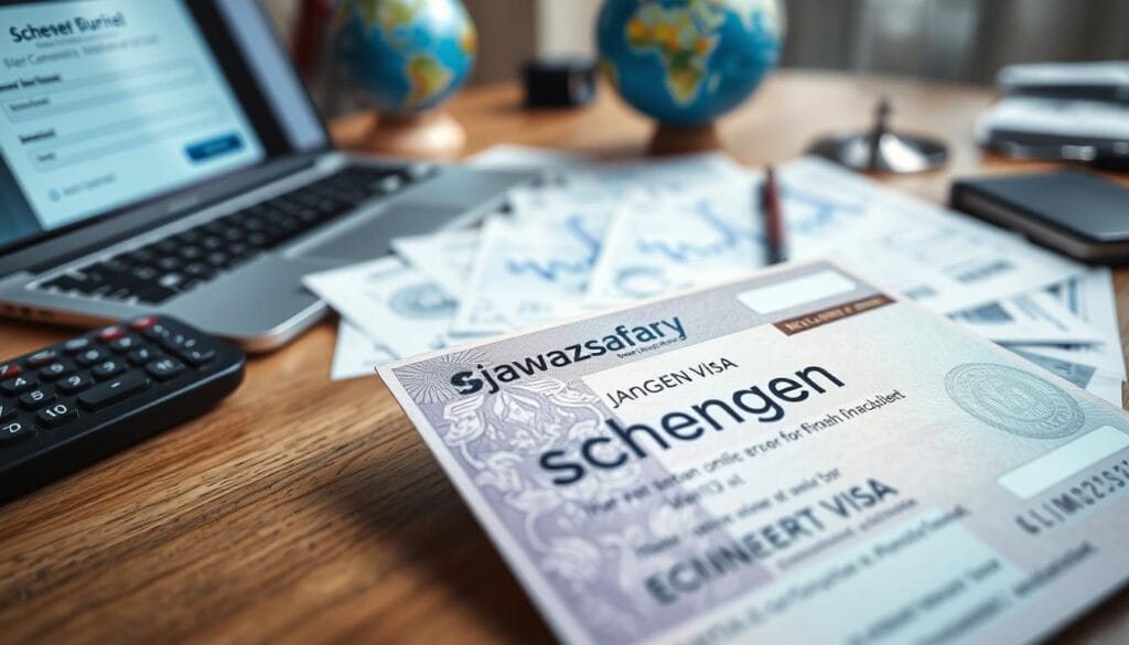 A detailed and professional image of a Schengen visa document prominently displayed in the foreground, featuring intricate holographic security features and an embossed design for authenticity. The document lies on a wooden desk surrounded by financial documents, such as bank statements and a calculator, which subtly suggest financial planning. In the middle ground, a laptop screen shows a digital application form for economic verification. The background features international travel icons, like a globe and a passport, creating an atmosphere of global exploration and opportunity. Soft, natural lighting enhances the professional environment, with a shallow depth of field that keeps the focus on the visa. The overall mood conveys meticulous preparation and financial responsibility. Include the brand name "jawazsafary" prominently on the visa document.