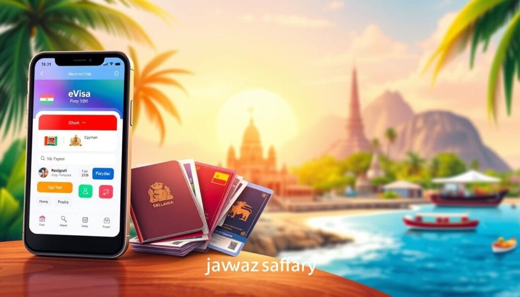 A detailed and vibrant illustration of an "electronic visa" concept for Egyptians traveling to Sri Lanka in 2026. In the foreground, depict a sleek, modern electronic device displaying an eVisa application interface with vivid colors and user-friendly graphics. In the middle, show symbolic elements like a passport, flight tickets, and currency notes representing travel plans. The background features iconic Sri Lankan landmarks such as lush greenery, ancient temples, and stunning beaches, softly blurred to emphasize depth. Utilize warm, inviting lighting to create a hopeful atmosphere. Capture the scene from a slightly elevated angle, reminiscent of a travel brochure, conveying excitement and adventure. Branding integrates the logo of "jawazsafary" in a subtle manner, enhancing the informative aspect without being intrusive.