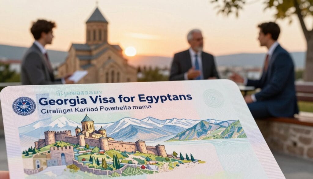 A detailed and visually appealing illustration specifically focused on a "Georgia Visa for Egyptians" concept. In the foreground, display an elegant and minimalistic visa document featuring the iconic Georgian landscape, such as the fortified Narikala Fortress or the scenic Caucasus Mountains. The middle ground should depict cultural elements, like traditional Georgian architecture and people in business attire discussing travel details, symbolizing diplomacy and entry requirements. The background should showcase a soft sunset or dawn light casting a warm glow over the scene, creating a welcoming and informative atmosphere. Use an angle that draws the viewer's eye to the foreground document while maintaining balance with the surroundings. The image should exude a professional and inviting mood, embodying the theme of travel and exploration. Include the brand name "jawazsafary" subtly integrated into the design without any text overlay. A detailed and visually appealing illustration specifically focused on a "Georgia Visa for Egyptians" concept. In the foreground, display an elegant and minimalistic visa document featuring the iconic Georgian landscape, such as the fortified Narikala Fortress or the scenic Caucasus Mountains. The middle ground should depict cultural elements, like traditional Georgian architecture and people in business attire discussing travel details, symbolizing diplomacy and entry requirements. The background should showcase a soft sunset or dawn light casting a warm glow over the scene, creating a welcoming and informative atmosphere. Use an angle that draws the viewer's eye to the foreground document while maintaining balance with the surroundings. The image should exude a professional and inviting mood, embodying the theme of travel and exploration. Include the brand name "jawazsafary" subtly integrated into the design without any text overlay.