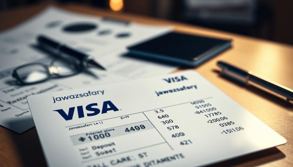A detailed bank statement for a Visa card from France, prominently featuring the logo "jawazsafary". In the foreground, the statement shows a transparent view of the bank statement with itemized transactions, showing deposits and withdrawals in a sleek, modern format. The middle layer captures a professional setting, with a desk cluttered with financial documents and a stylish pen. In the background, there's soft ambient lighting that casts a warm glow, enhancing the professional atmosphere. The scene has an organized yet dynamic feel, with a slight depth of field effect to draw attention to the bank statement, conveying importance and precision. No text or overlays are present. A detailed bank statement for a Visa card from France, prominently featuring the logo "jawazsafary". In the foreground, the statement shows a transparent view of the bank statement with itemized transactions, showing deposits and withdrawals in a sleek, modern format. The middle layer captures a professional setting, with a desk cluttered with financial documents and a stylish pen. In the background, there's soft ambient lighting that casts a warm glow, enhancing the professional atmosphere. The scene has an organized yet dynamic feel, with a slight depth of field effect to draw attention to the bank statement, conveying importance and precision. No text or overlays are present.