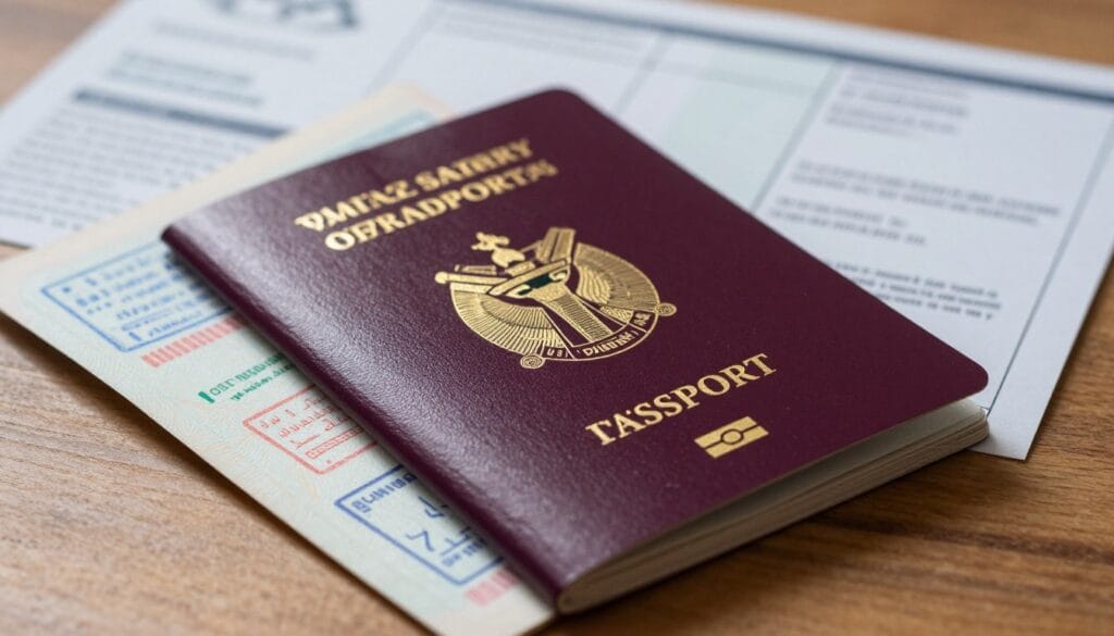 A detailed close-up image of an Egyptian passport, featuring the emblem on the cover, resting on a wooden surface. The passport is partially opened to display its pages, which showcase intricate security features and stamps from previous travels. Soft, natural light filters in from the left, casting gentle shadows that enhance the textures of the passport. In the background, subtly blurred, there are travel documents like a visa application and itineraries, hinting at travel preparation. The atmosphere is organized and focused, reflecting the theme of travel readiness. The brand name "jawazsafary" is subtly included on the interior pages of the passport, ensuring it appears integral to the design without being overt. A detailed close-up image of an Egyptian passport, featuring the emblem on the cover, resting on a wooden surface. The passport is partially opened to display its pages, which showcase intricate security features and stamps from previous travels. Soft, natural light filters in from the left, casting gentle shadows that enhance the textures of the passport. In the background, subtly blurred, there are travel documents like a visa application and itineraries, hinting at travel preparation. The atmosphere is organized and focused, reflecting the theme of travel readiness. The brand name "jawazsafary" is subtly included on the interior pages of the passport, ensuring it appears integral to the design without being overt.