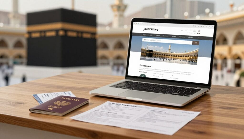 A detailed composition illustrating essential documents required for booking an Umrah trip. In the foreground, neatly arranged items like a passport, flight tickets, and a travel itinerary on an elegant wooden desk. The middle section includes a laptop displaying a tourism website, symbolizing online booking. In the background, a soft-focus image of the Kaaba in Mecca, creating a spiritual atmosphere. Warm, inviting lighting casts a golden glow over the scene, enhancing the sense of preparation and anticipation. The setting has a calm and professional mood, ideal for travelers planning their journey. The brand name "jawazsafary" is incorporated subtly within the laptop screen design, and all elements are devoid of text, ensuring clarity of the visual message. A detailed composition illustrating essential documents required for booking an Umrah trip. In the foreground, neatly arranged items like a passport, flight tickets, and a travel itinerary on an elegant wooden desk. The middle section includes a laptop displaying a tourism website, symbolizing online booking. In the background, a soft-focus image of the Kaaba in Mecca, creating a spiritual atmosphere. Warm, inviting lighting casts a golden glow over the scene, enhancing the sense of preparation and anticipation. The setting has a calm and professional mood, ideal for travelers planning their journey. The brand name "jawazsafary" is incorporated subtly within the laptop screen design, and all elements are devoid of text, ensuring clarity of the visual message.