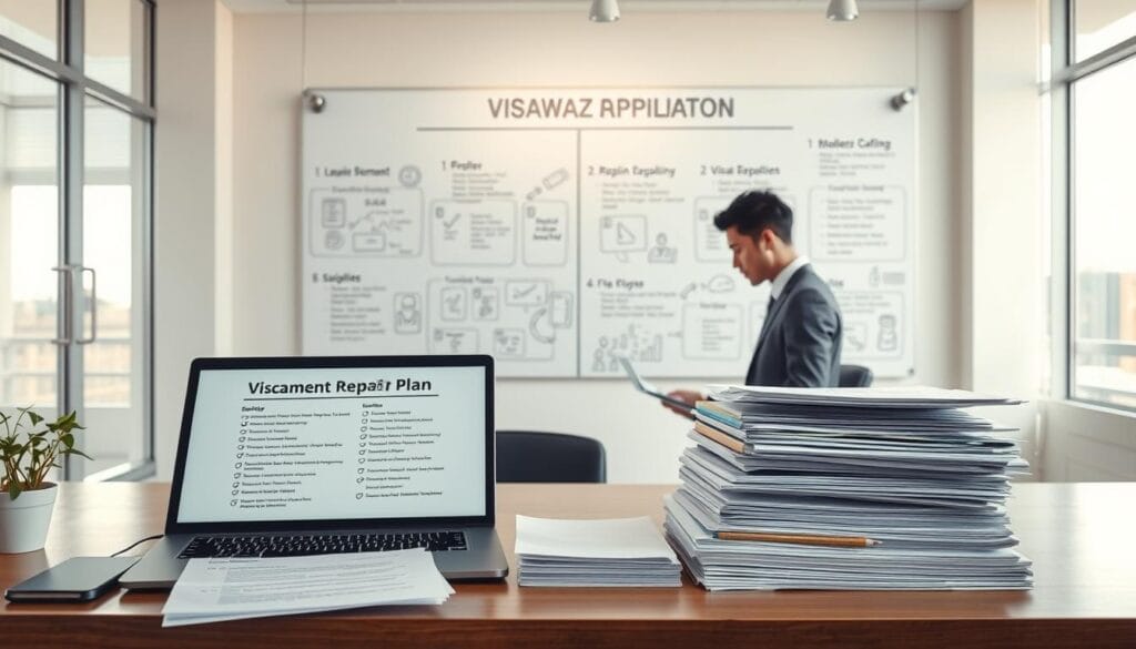 A detailed depiction of a professional office environment showcasing a step-by-step document repair plan for a visa application. In the foreground, a carefully organized desk with an open laptop displaying a checklist and a stack of organized papers marked "Visa Application". A person in business attire is reviewing documents, focused and determined. In the middle ground, a large bulletin board is filled with sketches and outlines illustrating the steps of the "خطة إصلاح الملف" in a clear visual format. The background features a modern office with large windows letting in soft, natural light, creating a calm atmosphere. The whole scene conveys a sense of professionalism and hopefulness for the visa reapplication process, branded subtly with "jawazsafary" on the desk. The composition is well-lit, capturing the essence of determination and clarity. A detailed depiction of a professional office environment showcasing a step-by-step document repair plan for a visa application. In the foreground, a carefully organized desk with an open laptop displaying a checklist and a stack of organized papers marked "Visa Application". A person in business attire is reviewing documents, focused and determined. In the middle ground, a large bulletin board is filled with sketches and outlines illustrating the steps of the "خطة إصلاح الملف" in a clear visual format. The background features a modern office with large windows letting in soft, natural light, creating a calm atmosphere. The whole scene conveys a sense of professionalism and hopefulness for the visa reapplication process, branded subtly with "jawazsafary" on the desk. The composition is well-lit, capturing the essence of determination and clarity.