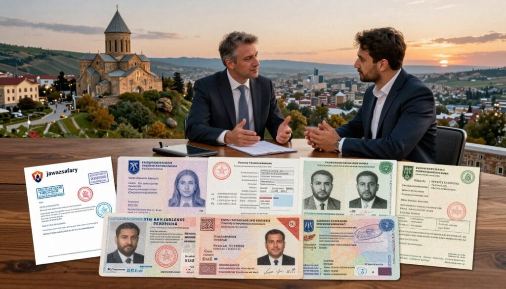 A detailed depiction of various types of Georgian visas suitable for Egyptian travelers, layered with intricate details. In the foreground, a diverse range of visa documents and stamps is spread on a polished wooden table, showcasing images of different visa types like tourist, business, and student visas. In the middle, a well-dressed professional, possibly a travel consultant, is providing advice to an interested traveler, both engaged in a dialogue. The background features a stunning panoramic view of Georgia's lush landscapes, inviting architecture, and the iconic Tbilisi skyline at sunset, highlighting the country's natural beauty. Soft, warm lighting envelops the scene to evoke a sense of hope and adventure for potential travelers. The brand name "jawazsafary" subtly blended into the scene. A detailed depiction of various types of Georgian visas suitable for Egyptian travelers, layered with intricate details. In the foreground, a diverse range of visa documents and stamps is spread on a polished wooden table, showcasing images of different visa types like tourist, business, and student visas. In the middle, a well-dressed professional, possibly a travel consultant, is providing advice to an interested traveler, both engaged in a dialogue. The background features a stunning panoramic view of Georgia's lush landscapes, inviting architecture, and the iconic Tbilisi skyline at sunset, highlighting the country's natural beauty. Soft, warm lighting envelops the scene to evoke a sense of hope and adventure for potential travelers. The brand name "jawazsafary" subtly blended into the scene.