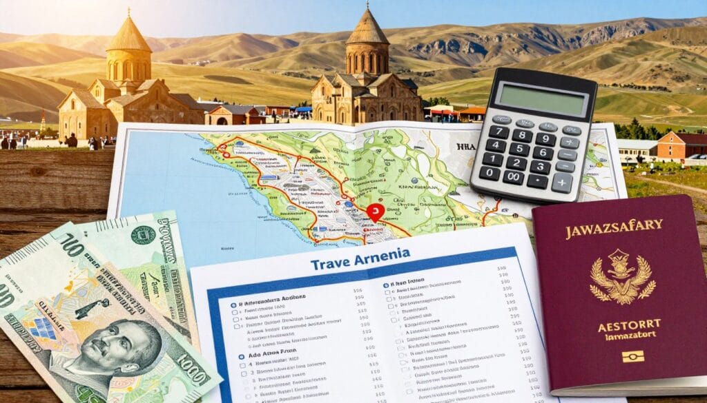 A detailed flat lay arrangement showcasing the expected travel costs for a trip to Armenia. In the foreground, include neatly arranged currency notes (Armenian dram), a travel itinerary with a focus on a 4-day economic program, and essential travel accessories like a passport and a travel guidebook. In the middle ground, depict a map of Armenia with highlighted major attractions and a calculator symbolizing budgeting. The background features serene Armenian landscapes, such as rolling hills and historical landmarks like the Khor Virap monastery. The lighting is warm and inviting, simulating a sunny day, enhancing the vibrant colors of the scene. The overall atmosphere should convey excitement and exploration. The brand name "jawazsafary" is subtly incorporated into the travel accessories.