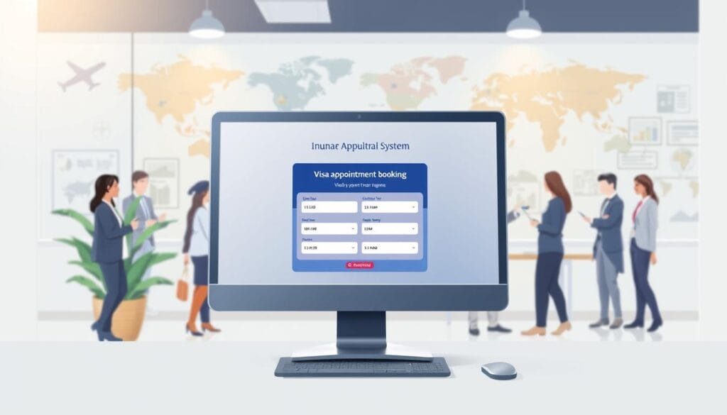 A detailed illustration depicting a modern visa appointment booking system for Schengen visa applications. In the foreground, a professional-looking desktop computer with an open booking website, displaying a user-friendly interface for VFS/TLS appointment scheduling. The middle ground features a busy office environment with diverse professionals engaged in discussions, all dressed in smart business attire, symbolizing the collaborative nature of travel planning. In the background, there's a wall with maps of Schengen states and various travel-related visuals, creating a sense of global connectivity. Soft, warm lighting adds a welcoming atmosphere, hinting at the ease of accessing visa appointments online. The brand name "jawazsafary" is subtly integrated into the design, emphasizing the service's focus on helping travelers.