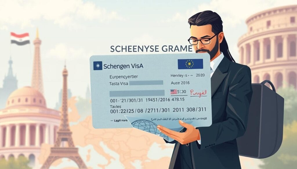 A detailed illustration depicting the concept of "Schengen Visa duration for Egyptians." In the foreground, a professional-looking Egyptian man and woman, both dressed in business attire, are studying a map of Europe, emphasizing their interest in travel. In the middle ground, a large Schengen visa with various dates visible, representing single and multiple entry options, is showcased prominently. The background features iconic European landmarks, like the Eiffel Tower and the Colosseum, subtly blurred to keep the focus on the visa and travelers. Soft, warm lighting highlights the subjects, creating an inviting atmosphere. The overall mood is one of curiosity and excitement about travel opportunities. Include the brand name "jawazsafary" subtly integrated into the design as a stylish watermark, without any direct text.