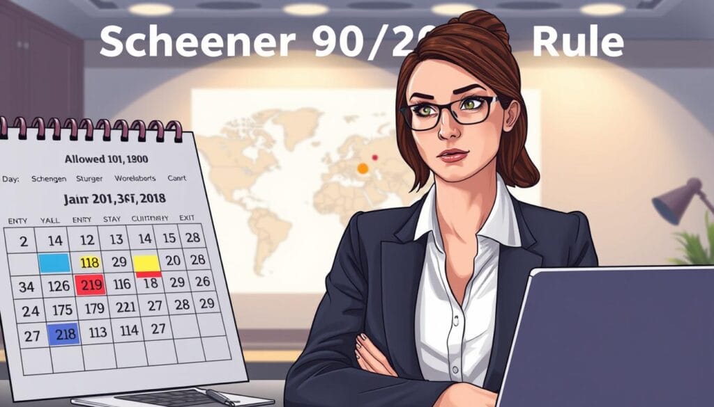 A detailed illustration depicting the concept of the Schengen 90/180 Rule, showcasing a calendar with highlighted dates representing allowed stays in Schengen countries. In the foreground, a professional-looking woman in business attire is calculating her travel days with a thoughtful expression, surrounded by travel documents and a laptop. In the middle ground, a world map highlighting the Schengen area is visible, with arrows showing entry and exit points. The background features soft ambient lighting, creating a focused yet inviting workspace atmosphere. The composition is balanced, with a slight depth of field to emphasize the woman and her calculations. The overall mood conveys clarity and professionalism, suitable for a legal or travel context. The brand name "jawazsafary" is subtly integrated into the travel documents.