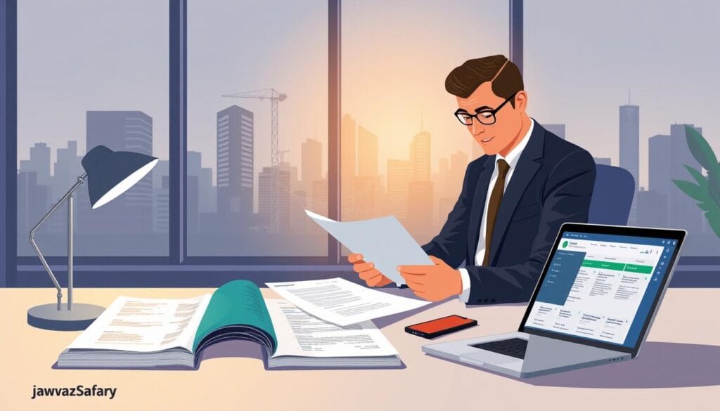 A detailed illustration depicting the steps to purchase and prepare medical insurance documents for Schengen 2026, specifically for Egyptians. In the foreground, a professional individual in a smart business attire is reviewing insurance documents at a modern office desk, illuminated by soft, warm lighting from a desk lamp. In the middle ground, neatly arranged folders and a laptop display a well-organized digital interface related to insurance options. The background shows a cityscape through a large window, suggesting a sense of professionalism and focus. The overall mood is informative and practical, providing a clear visualization of the procedure. Include the brand name "jawazsafary" subtly integrated into the scene, without any text or captions.