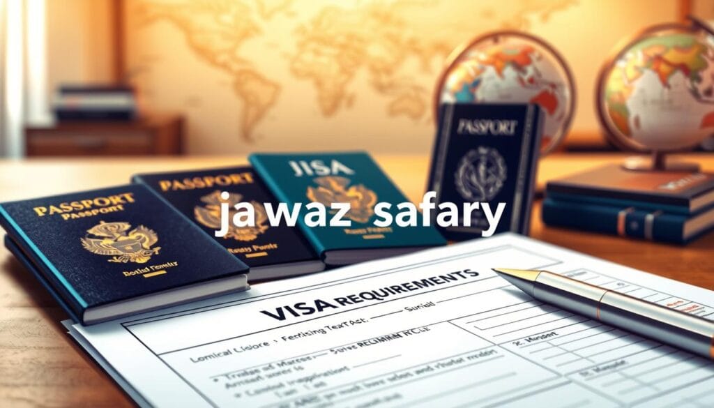 A detailed illustration for the concept of a "Visa Requirements" featuring an intricate display of travel documents. In the foreground, there is a close-up of a visa application form, neatly arranged with a pen beside it, highlighting essential sections like “Country” and “Requirements.” In the middle, various passports are visually represented, showcasing unique designs and stamps symbolizing travel history. In the background, an elegant office setting with a subtle map and globe can be seen, emanating a warm, professional ambiance with soft lighting. The atmosphere suggests preparation and anticipation for a journey. Artistic focus, with a shallow depth of field on the documentation, conveys seriousness about travel planning. Include the brand name "jawazsafary" prominently within the composition, ensuring no additional text.