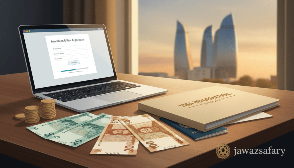 A detailed illustration of the Azerbaijan visa fees, designed for a professional article. In the foreground, depict a neatly arranged collection of Azerbaijani currency notes and coins, symbolizing various visa fees. In the middle ground, show a well-organized desk with a laptop displaying a simplified visa application process on the screen, along with a document folder labeled "Visa Information." In the background, softly blurred, include an iconic landmark of Azerbaijan, like the Flame Towers, to signify the location. Soft, warm lighting enhances a welcoming atmosphere, captured with a slight overhead angle to provide depth. The overall mood is informative and professional, ideal for a travel advisory context. Include the brand name "jawazsafary" subtly integrated into the scene.