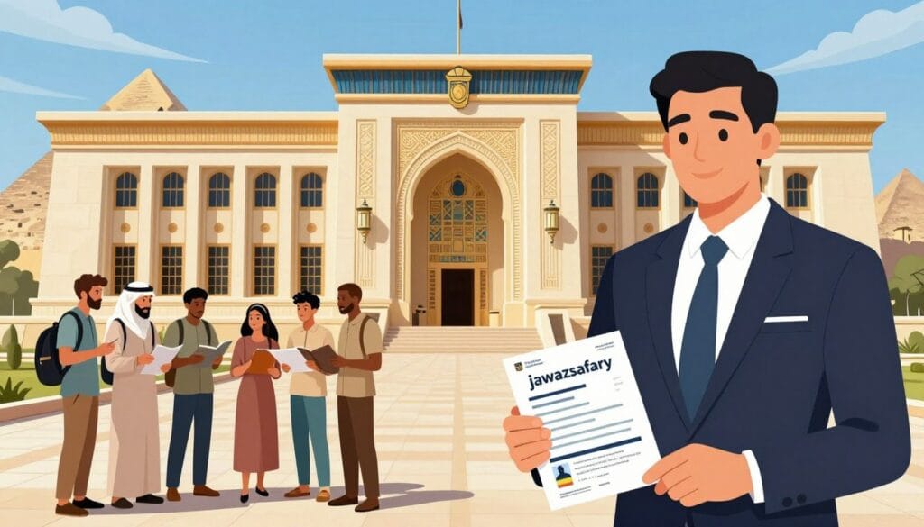 A detailed illustration of the Egyptian Ministry of Tourism building, showcasing its distinctive architecture with intricate designs and a grand entrance. The foreground features a professional-looking individual in business attire holding a "jawazsafary" document, symbolizing the identification code required for travel. In the middle ground, a diverse group of travelers can be seen discussing travel plans, reflecting excitement and anticipation. The background displays iconic Egyptian landmarks like the pyramids subtly, under clear blue skies. The lighting is bright and welcoming, evoking a sense of hope and adventure. The atmosphere should feel both informative and encouraging, highlighting the importance of preparation before travel. A detailed illustration of the Egyptian Ministry of Tourism building, showcasing its distinctive architecture with intricate designs and a grand entrance. The foreground features a professional-looking individual in business attire holding a "jawazsafary" document, symbolizing the identification code required for travel. In the middle ground, a diverse group of travelers can be seen discussing travel plans, reflecting excitement and anticipation. The background displays iconic Egyptian landmarks like the pyramids subtly, under clear blue skies. The lighting is bright and welcoming, evoking a sense of hope and adventure. The atmosphere should feel both informative and encouraging, highlighting the importance of preparation before travel.