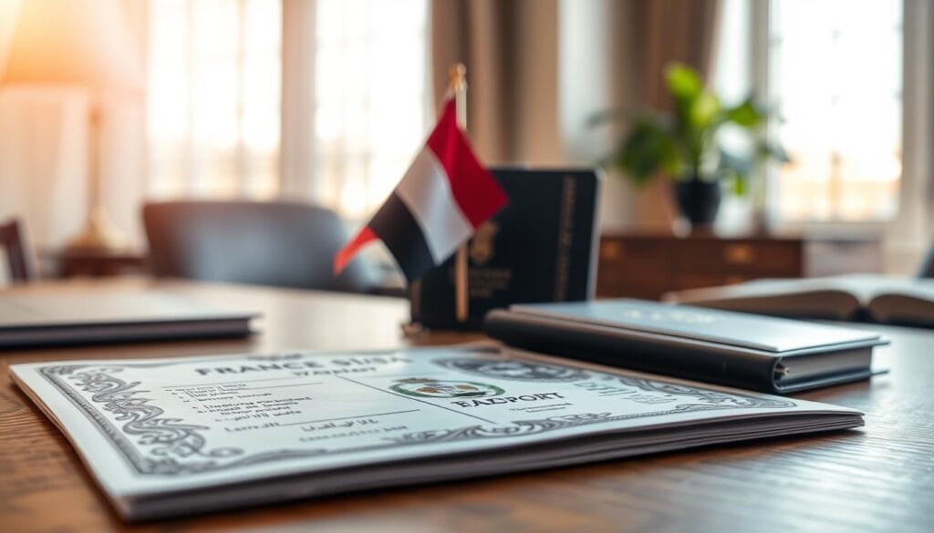 A detailed image showing the concept of a French visa for Egyptians, featuring a close-up of an official-looking visa document placed on a wooden desk. In the foreground, parts of the document are visible, showcasing elegant ornate designs and essential details of the visa. The middle ground includes a stylish leather passport, partially opened, with a small Egyptian flag and French flag crossed behind it. In the background, a blurred image of an elegant office environment with a window allowing soft natural light to illuminate the scene, creating a warm and inviting atmosphere. Capture a sense of professionalism and hope, reflecting the excitement of travel. The brand name "jawazsafary" subtly incorporated into the design elements, ensuring a polished and sophisticated finish. A detailed image showing the concept of a French visa for Egyptians, featuring a close-up of an official-looking visa document placed on a wooden desk. In the foreground, parts of the document are visible, showcasing elegant ornate designs and essential details of the visa. The middle ground includes a stylish leather passport, partially opened, with a small Egyptian flag and French flag crossed behind it. In the background, a blurred image of an elegant office environment with a window allowing soft natural light to illuminate the scene, creating a warm and inviting atmosphere. Capture a sense of professionalism and hope, reflecting the excitement of travel. The brand name "jawazsafary" subtly incorporated into the design elements, ensuring a polished and sophisticated finish.