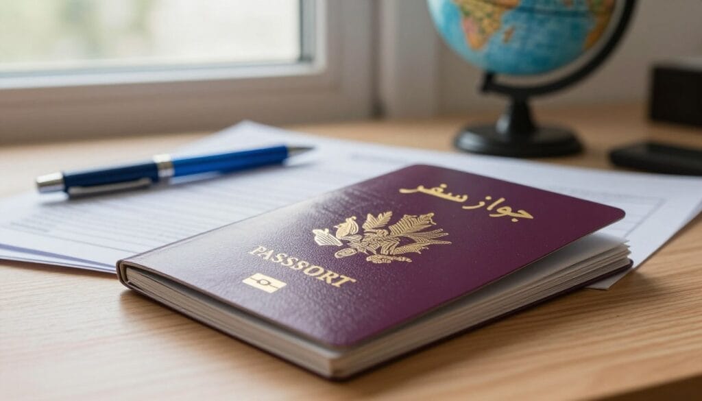 A detailed, realistic depiction of a passport sitting on a wooden desk, with the cover embossed with golden letters reading "جواز سفر". In the foreground, the passport is slightly open, revealing a page with intricate security features and a holographic seal. The middle ground includes travel-related items like a blue pen, a small globe, and stacks of documents related to visa applications. In the background, softly blurred, there's a window with natural light streaming in, creating a warm atmosphere. Use a shallow depth of field to emphasize the passport while giving the scene a professional, informative air. The image should convey a sense of organization and readiness, suitable for a discussion about visa requirements. The brand name "jawazsafary" should be incorporated subtly into the scene without being distracting.