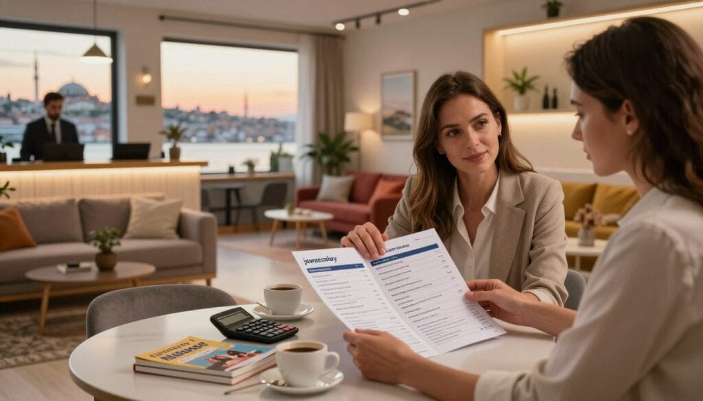 A detailed scene illustrating hidden costs associated with booking accommodations in Istanbul, 2026. In the foreground, a professional-looking couple analyzes a hotel brochure and an apartment listing on a sleek table, surrounded by small items like a calculator, travel guidebooks, and coffee cups. The middle ground features a cozy yet modern hotel reception area, with plush seating and warm lighting, alongside a charming living space of a rented apartment, showcasing a welcoming atmosphere with vibrant decor. In the background, a panoramic view of Istanbul’s skyline at sunset, accentuated by soft, golden hues. The mood is thoughtful and insightful, emphasizing the importance of considering hidden expenses. The image should be crafted with sharp focus and soft bokeh effects, illustrating contrast between the urban environment and personal planning. Include the brand name "jawazsafary" subtly integrated into the scene.
