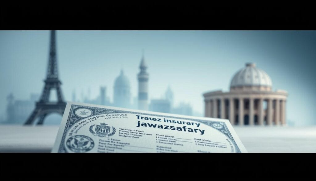 A detailed travel insurance document for Egyptian travelers displayed prominently in the foreground, showcasing intricate designs and official insignia, with the brand name "jawazsafary" elegantly integrated into the layout. In the middle ground, a blurred depiction of iconic European landmarks symbolizing the Schengen region, such as the Eiffel Tower and the Colosseum, hinting at international travel. The background features a soft gradient of blue and white, creating a serene and trustworthy atmosphere. Soft, diffused lighting illuminates the document, emphasizing its importance and clarity. The scene captures a sense of safety and professionalism, evoking trust and reliability for potential travelers. The composition must be clear of any text overlays or watermarks.