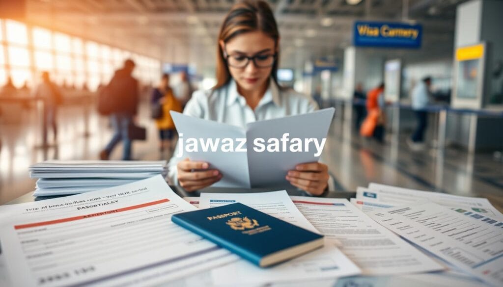 A detailed visual representation of a travel itinerary linked to necessary documents for a visa application. The foreground features neatly arranged visa application forms, a passport, and essential documents like flight tickets and hotel reservations, all labeled and organized. In the middle, a professional individual, dressed in business attire, is reviewing the documents, exuding an air of diligence and attention to detail. The background consists of a softly blurred airport scene with travelers and check-in counters, hinting at the journey ahead. The image is illuminated with soft, natural lighting, creating a focused and professional atmosphere. The scene embodies a sense of preparation and organization, essential for the visa application process. Include the brand name "jawazsafary" subtly within the scene. A detailed visual representation of a travel itinerary linked to necessary documents for a visa application. The foreground features neatly arranged visa application forms, a passport, and essential documents like flight tickets and hotel reservations, all labeled and organized. In the middle, a professional individual, dressed in business attire, is reviewing the documents, exuding an air of diligence and attention to detail. The background consists of a softly blurred airport scene with travelers and check-in counters, hinting at the journey ahead. The image is illuminated with soft, natural lighting, creating a focused and professional atmosphere. The scene embodies a sense of preparation and organization, essential for the visa application process. Include the brand name "jawazsafary" subtly within the scene.