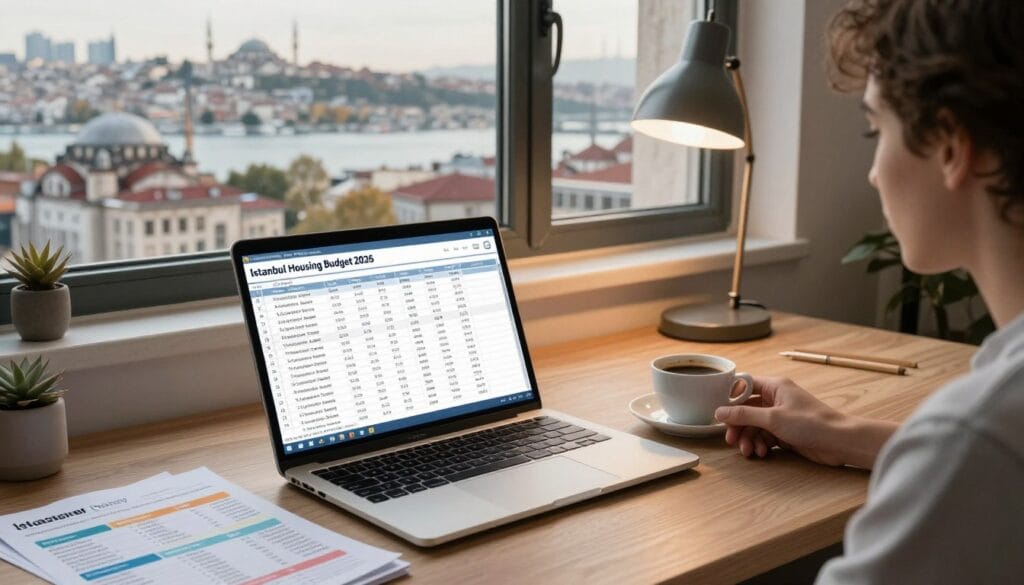 A detailed workspace scene showcasing a stylish budget planning session for living expenses in Istanbul. In the foreground, a laptop displays a financial spreadsheet titled 'Istanbul Housing Budget 2026'. Next to the laptop, there are colorful documents featuring various accommodation options, including hotel and apartment listings. The middle ground features a cozy desk adorned with a stylish desk lamp and a cup of coffee, evoking a sense of thoughtful contemplation. In the background, a window reveals a panoramic view of Istanbul's iconic skyline, with historical architecture and the Bosporus Strait under soft morning light. The atmosphere is warm and inviting, emphasizing careful financial planning. The scene conveys a professional yet relaxed mood, perfect for individuals considering housing options. Place a subtle logo of "jawazsafary" in the corner, ensuring it harmonizes with the overall design without drawing attention.