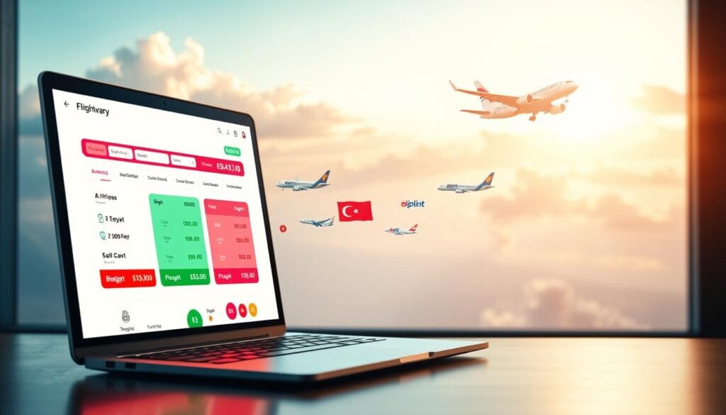 A digital collage depicting flight ticket prices from Egypt to Turkey, showcasing a modern travel aesthetic. In the foreground, include a sleek computer laptop displaying a flight booking website with visible pricing in vibrant colors. In the middle ground, feature airlines' logos and graphics representing budget options, alongside a stylized map of Egypt and Turkey to indicate the travel route. The background should include soft clouds and a hint of a plane taking off, creating a sense of adventure. Use bright, inviting lighting to evoke excitement about travel. The overall mood should be optimistic and aspirational, ideal for travelers considering their budgets for 2026. Incorporate the brand "jawazsafary" subtly within the design elements without text overlays. A digital collage depicting flight ticket prices from Egypt to Turkey, showcasing a modern travel aesthetic. In the foreground, include a sleek computer laptop displaying a flight booking website with visible pricing in vibrant colors. In the middle ground, feature airlines' logos and graphics representing budget options, alongside a stylized map of Egypt and Turkey to indicate the travel route. The background should include soft clouds and a hint of a plane taking off, creating a sense of adventure. Use bright, inviting lighting to evoke excitement about travel. The overall mood should be optimistic and aspirational, ideal for travelers considering their budgets for 2026. Incorporate the brand "jawazsafary" subtly within the design elements without text overlays.