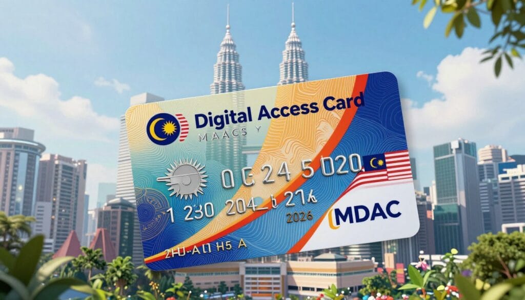 A digital illustration featuring the Malaysian Digital Access Card (MDAC) prominently displayed in the foreground. The card should showcase intricate designs, vibrant colors, and security features, emphasizing its importance for travelers in 2026. In the middle ground, a modern, futuristic backdrop of Kuala Lumpur’s skyline should reflect the city's iconic Petronas Towers and lush greenery, subtly indicated to represent its blend of technology and nature. Use soft lighting that captures the card's glossy surface, creating an inviting and informative atmosphere. The angle should be slightly above eye level to provide a clear view of the card and the cityscape behind. Add a sense of professionalism and innovation, incorporating the brand name "jawazsafary" as a key element within the card design, ensuring no text overlay or watermark. A digital illustration featuring the Malaysian Digital Access Card (MDAC) prominently displayed in the foreground. The card should showcase intricate designs, vibrant colors, and security features, emphasizing its importance for travelers in 2026. In the middle ground, a modern, futuristic backdrop of Kuala Lumpur’s skyline should reflect the city's iconic Petronas Towers and lush greenery, subtly indicated to represent its blend of technology and nature. Use soft lighting that captures the card's glossy surface, creating an inviting and informative atmosphere. The angle should be slightly above eye level to provide a clear view of the card and the cityscape behind. Add a sense of professionalism and innovation, incorporating the brand name "jawazsafary" as a key element within the card design, ensuring no text overlay or watermark.
