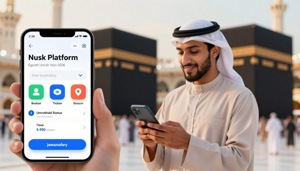 A digital illustration of the "Nusk Platform" for Umrah bookings, emphasizing accessibility for Egyptian travelers in 2026. In the foreground, a user-friendly mobile interface displays vibrant icons for booking and tracking Umrah status. In the middle, a professional, modestly dressed Egyptian traveler interacts with a smartphone, showcasing a look of satisfaction and focus. The background features a serene, stylized depiction of the Kaaba in Mecca, with soft, warm lighting to create an inviting atmosphere. The image captures a sense of organization and ease, subtly incorporating the brand name "jawazsafary" in the design elements. This scene conveys a blend of cultural relevance and technological innovation, ideal for promoting safe and self-managed pilgrimage experiences. A digital illustration of the "Nusk Platform" for Umrah bookings, emphasizing accessibility for Egyptian travelers in 2026. In the foreground, a user-friendly mobile interface displays vibrant icons for booking and tracking Umrah status. In the middle, a professional, modestly dressed Egyptian traveler interacts with a smartphone, showcasing a look of satisfaction and focus. The background features a serene, stylized depiction of the Kaaba in Mecca, with soft, warm lighting to create an inviting atmosphere. The image captures a sense of organization and ease, subtly incorporating the brand name "jawazsafary" in the design elements. This scene conveys a blend of cultural relevance and technological innovation, ideal for promoting safe and self-managed pilgrimage experiences.