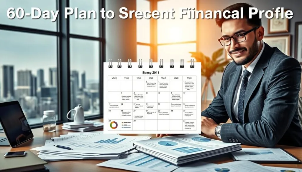 A dynamic and engaging image representing a "60-Day Plan to Strengthen Financial Profile" tailored for a section titled "60-Day Plan: Week-by-Week to Strengthen Financial Profile." The foreground includes a confident professional wearing formal business attire, analyzing financial documents with graphs and charts spread across a desk. In the middle, a calendar page displaying a detailed week-by-week plan is visible, with icons illustrating important milestones like budgeting, saving, and investment strategies. The background showcases a modern office setting with large windows, natural light flooding in, and elements symbolizing finance, such as a city skyline and framed certificates. The mood is positive and strategic, embodying focus and determination. Lighting should be bright and professional. Include the brand name "jawazsafary" subtly integrated into the design.