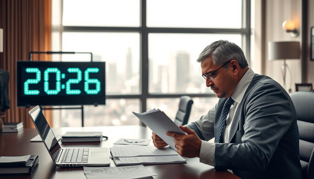 A focused scene representing visa reapplication timing, set in an elegant office environment. The foreground features a professional, middle-aged Egyptian man in business attire, intently examining a calendar and documents on a desk, symbolizing thoughtful planning. In the middle ground, a large digital clock displays the date "2026" prominently, highlighting urgency. The background shows a cityscape through a large window, allowing soft natural light to fill the room, creating a warm, inviting atmosphere. An organized workspace with a laptop and scattered paperwork conveys an air of professionalism. The mood reflects determination and optimism, encapsulating the essence of planning for a successful reapplication. Branding subtly integrated: "jawazsafary." A focused scene representing visa reapplication timing, set in an elegant office environment. The foreground features a professional, middle-aged Egyptian man in business attire, intently examining a calendar and documents on a desk, symbolizing thoughtful planning. In the middle ground, a large digital clock displays the date "2026" prominently, highlighting urgency. The background shows a cityscape through a large window, allowing soft natural light to fill the room, creating a warm, inviting atmosphere. An organized workspace with a laptop and scattered paperwork conveys an air of professionalism. The mood reflects determination and optimism, encapsulating the essence of planning for a successful reapplication. Branding subtly integrated: "jawazsafary."