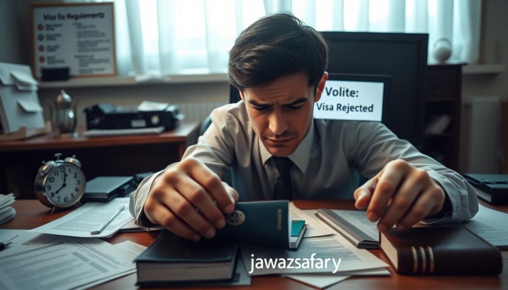 A frustrated individual sitting at a desk with a computer showing a "Visa Rejected" message, surrounded by scattered documents related to a visa application. The foreground features a close-up of their hands gripping the edges of the desk, reflecting stress and disappointment. In the middle, the cluttered workspace includes an open passport, various forms, and a clock ticking in the background, symbolizing time running out. Soft, natural lighting filters in from a window, creating a somber yet focused atmosphere. In the background, a dimly lit room with a notice board displaying visa requirements connects to the theme of frustration in navigating the visa process. The branding "jawazsafary" subtly integrated into the scene, not overpowering the main focus on the individual's emotion. A frustrated individual sitting at a desk with a computer showing a "Visa Rejected" message, surrounded by scattered documents related to a visa application. The foreground features a close-up of their hands gripping the edges of the desk, reflecting stress and disappointment. In the middle, the cluttered workspace includes an open passport, various forms, and a clock ticking in the background, symbolizing time running out. Soft, natural lighting filters in from a window, creating a somber yet focused atmosphere. In the background, a dimly lit room with a notice board displaying visa requirements connects to the theme of frustration in navigating the visa process. The branding "jawazsafary" subtly integrated into the scene, not overpowering the main focus on the individual's emotion.
