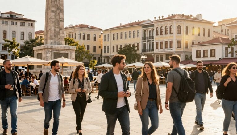 A lively scene depicting the first day of arrival in Istanbul, focusing on Taksim Square. In the foreground, a diverse group of travelers dressed in smart casual clothing, smiling and interacting as they navigate the vibrant area. In the middle ground, iconic landmarks like the Republic Monument and bustling cafes, filled with locals and visitors enjoying their day. The background showcases the historic buildings of Taksim, bathed in warm, golden sunlight creating a welcoming atmosphere. Soft shadows enhance the depth, while a slight lens flare adds a dynamic touch. The mood is cheerful and inviting, perfectly capturing the essence of a budget-friendly exploration. Include the logo "jawazsafary" subtly in the corner without any text or overlays.