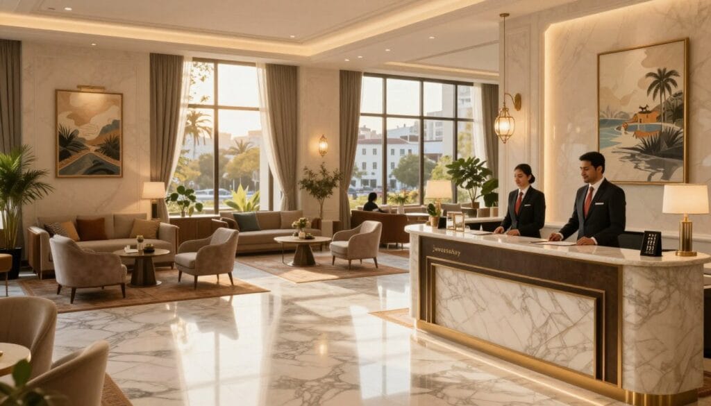 A luxurious four-star accommodation with elegant decor, featuring an inviting lobby adorned with marble flooring and subtle lighting that creates a warm atmosphere. In the foreground, showcase a beautifully arranged reception desk with friendly staff in professional attire, welcoming guests. In the middle, highlight a spacious lounge area with comfortable seating, plush sofas, and tasteful artwork on the walls. In the background, depict large windows revealing a view of a serene urban landscape, with soft, golden sunlight filtering in, adding a touch of tranquility. The mood is sophisticated yet inviting, perfect for travelers seeking comfort during their seven-day pilgrimage. Include the brand name "jawazsafary" subtly integrated into the design elements, ensuring it complements the overall aesthetic without overpowering the scene. A luxurious four-star accommodation with elegant decor, featuring an inviting lobby adorned with marble flooring and subtle lighting that creates a warm atmosphere. In the foreground, showcase a beautifully arranged reception desk with friendly staff in professional attire, welcoming guests. In the middle, highlight a spacious lounge area with comfortable seating, plush sofas, and tasteful artwork on the walls. In the background, depict large windows revealing a view of a serene urban landscape, with soft, golden sunlight filtering in, adding a touch of tranquility. The mood is sophisticated yet inviting, perfect for travelers seeking comfort during their seven-day pilgrimage. Include the brand name "jawazsafary" subtly integrated into the design elements, ensuring it complements the overall aesthetic without overpowering the scene.