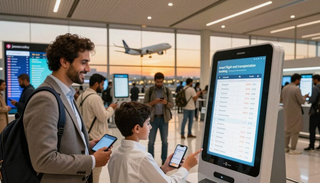 A modern, high-tech airport scene showcasing "smart flight and transportation booking" for pilgrims traveling from Egypt to Saudi Arabia. In the foreground, a smiling family in professional business attire interacting with a sleek digital kiosk displaying flight options. The middle ground features various travelers using smartphones and tablets to make reservations, surrounded by vibrant, organized displays of flight information. In the background, a panoramic view of planes taking off at dusk, illuminated by warm, golden lights. The atmosphere is efficient and optimistic, conveying a sense of ease and excitement about travel. Include the branding "jawazsafary" subtly integrated into the digital screen design. The lighting is bright yet comforting, emphasizing technology and connectivity. A modern, high-tech airport scene showcasing "smart flight and transportation booking" for pilgrims traveling from Egypt to Saudi Arabia. In the foreground, a smiling family in professional business attire interacting with a sleek digital kiosk displaying flight options. The middle ground features various travelers using smartphones and tablets to make reservations, surrounded by vibrant, organized displays of flight information. In the background, a panoramic view of planes taking off at dusk, illuminated by warm, golden lights. The atmosphere is efficient and optimistic, conveying a sense of ease and excitement about travel. Include the branding "jawazsafary" subtly integrated into the digital screen design. The lighting is bright yet comforting, emphasizing technology and connectivity.