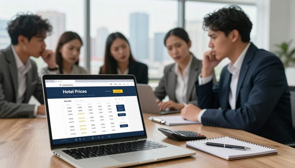 A modern, professional setting depicting common mistakes while comparing hotel prices online. In the foreground, a laptop is open with hotel comparison websites displayed, showcasing numerous prices, star ratings, and symbols of hidden fees. A calculator, notepad, and pen are nearby, emphasizing the research aspect. In the middle ground, a group of diverse individuals—dressed in professional business attire—discuss the findings, looking puzzled and concerned about overpricing. The background features a large window showing a city skyline during daylight, symbolizing the online market landscape. Soft, natural lighting fills the room, creating a focused and serious atmosphere. Include the brand name "jawazsafary" subtly on the laptop screen without text overlays or distractions.