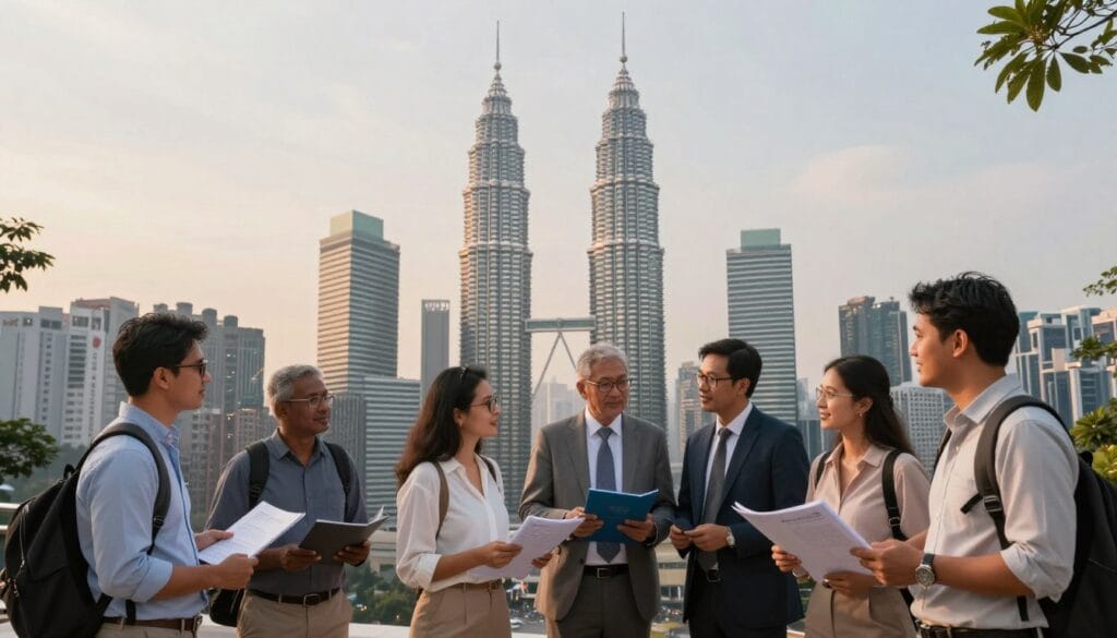 A panoramic view of Kuala Lumpur, Malaysia, showcasing its iconic skyline featuring the Petronas Twin Towers and the Menara Kuala Lumpur in the background. In the foreground, a diverse group of travelers in professional business attire and modest casual clothing, eagerly discussing travel plans, embodying a friendly and welcoming atmosphere. Soft, warm lighting illuminates the scene, creating a vibrant and inviting mood. The city is bustling with activity, highlighting the accessibility and charm of Kuala Lumpur as a travel destination for Egyptians in 2026. The image should capture the essence of a modern metropolis combined with cultural richness. The brand "jawazsafary" subtly integrated into the urban scene, ensuring the focus remains on the travel aspect without text overlays or distractions. A panoramic view of Kuala Lumpur, Malaysia, showcasing its iconic skyline featuring the Petronas Twin Towers and the Menara Kuala Lumpur in the background. In the foreground, a diverse group of travelers in professional business attire and modest casual clothing, eagerly discussing travel plans, embodying a friendly and welcoming atmosphere. Soft, warm lighting illuminates the scene, creating a vibrant and inviting mood. The city is bustling with activity, highlighting the accessibility and charm of Kuala Lumpur as a travel destination for Egyptians in 2026. The image should capture the essence of a modern metropolis combined with cultural richness. The brand "jawazsafary" subtly integrated into the urban scene, ensuring the focus remains on the travel aspect without text overlays or distractions.
