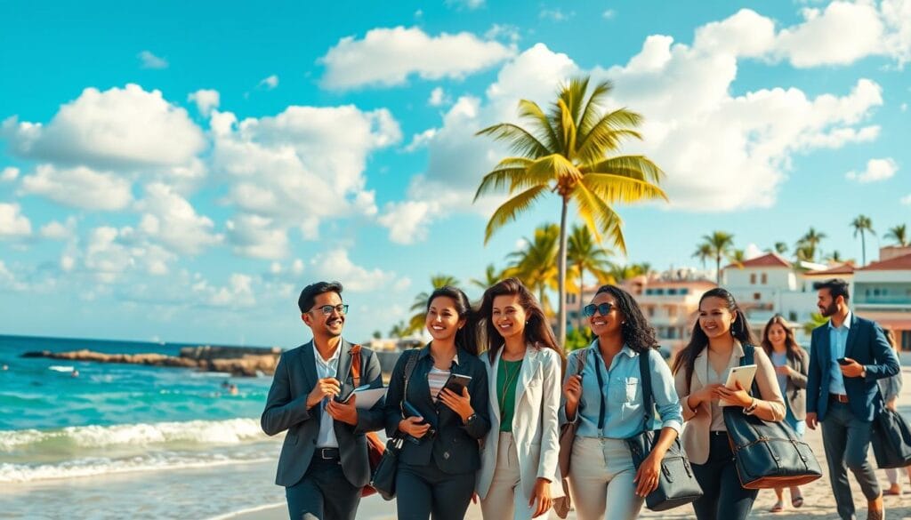 A picturesque landscape showcasing an easy travel destination, emphasizing a serene beach scene with gentle waves lapping against the shore. In the foreground, a diverse group of travelers, dressed in professional business attire, are smiling and engaged in a conversation while holding travel documents and phones, symbolizing the convenience of visa-free travel. In the middle ground, vibrant tropical palm trees sway softly, providing a contrast to the blue sky filled with fluffy clouds. The background features quaint local architecture, hinting at a warm climate and welcoming culture. Soft, golden sunlight bathes the scene, creating a cheerful and inviting atmosphere. Incorporate subtle branding elements of "jawazsafary" into the scene in a natural way, ensuring they harmonize with the overall vibe without being intrusive.