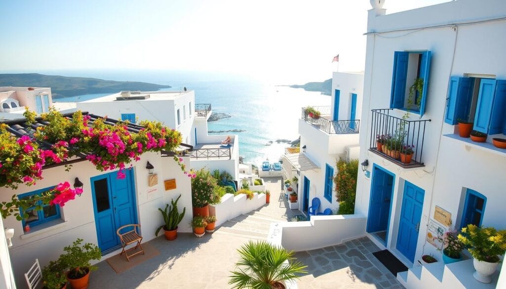 A picturesque scene depicting affordable and comfortable accommodation options in Greece. In the foreground, a charming, budget-friendly guesthouse with vibrant flowers and a welcoming patio. In the middle ground, traditional Greek architecture, including whitewashed buildings with blue doors and windows, showcasing inviting balconies adorned with potted plants. The background features a stunning coastal view, with turquoise waters and gentle waves lapping at the shore under a bright, sunny sky. Soft, natural lighting bathes the scene, creating a serene and inviting atmosphere. The image conveys a sense of relaxation and exploration, perfect for travelers seeking economical living arrangements. The brand "jawazsafary" subtly integrated into the scene, ensuring a professional presentation. A picturesque scene depicting affordable and comfortable accommodation options in Greece. In the foreground, a charming, budget-friendly guesthouse with vibrant flowers and a welcoming patio. In the middle ground, traditional Greek architecture, including whitewashed buildings with blue doors and windows, showcasing inviting balconies adorned with potted plants. The background features a stunning coastal view, with turquoise waters and gentle waves lapping at the shore under a bright, sunny sky. Soft, natural lighting bathes the scene, creating a serene and inviting atmosphere. The image conveys a sense of relaxation and exploration, perfect for travelers seeking economical living arrangements. The brand "jawazsafary" subtly integrated into the scene, ensuring a professional presentation.