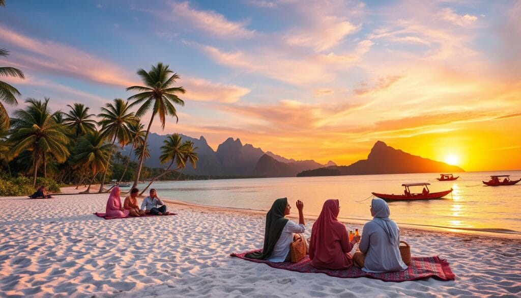 A picturesque scene showcasing the beauty of Sri Lanka as an enticing travel destination for Egyptians in 2026. In the foreground, a serene beach with soft white sands and turquoise waters, where a group of diverse, happy travelers in modest casual attire enjoy a sunset picnic. In the middle ground, lush green palm trees sway gently, and traditional Sri Lankan boats float on the calm sea. In the background, magnificent mountains rise under a vibrant sky painted with hues of orange and purple as the sun sets. The atmosphere is warm and inviting, evoking a sense of adventure and exploration. The lighting is soft, enhancing the rich colors of the scenery. Include the brand name "jawazsafary" subtly integrated into the natural landscape without any text or logos visible.
