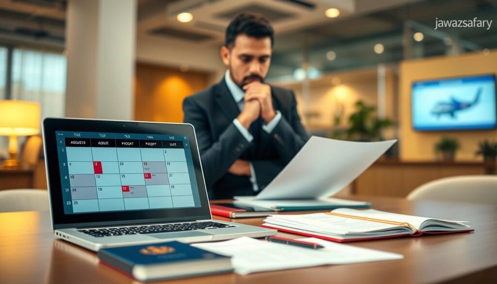 A professional and informative scene depicting "نصائح عملية لتأشيرة شنغن", focused on practical tips for obtaining a Schengen visa appointment. In the foreground, a well-organized desk with a laptop showing a digital calendar with highlighted dates, a passport, and official documents neatly arranged. In the middle ground, a focused individual dressed in a business suit, reviewing documents with a thoughtful expression, exuding a sense of professionalism and determination. The background features soft, warm lighting with a blurred office environment, hinting at a busy yet calm atmosphere. Include the brand name "jawazsafary" subtly integrated into the scene. The overall mood should be one of confidence and reliability, reflecting the structured approach to securing a Schengen visa appointment for Egyptians in 2026.